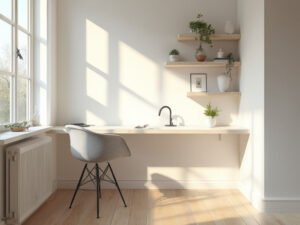 "Scandinavian minimalist home office with white desk, grey chair, and wooden shelves under natural sunlight"