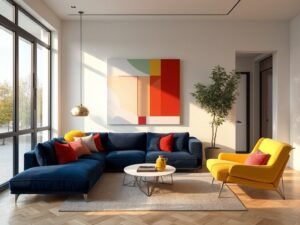 "Spacious contemporary living room with triadic color scheme featuring navy blue sofa, yellow chairs, and red accents, under golden hour lighting"