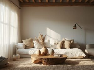 "Minimalist wabi-sabi living room in morning light with natural linen sofa, wooden coffee table, and ceramic vases"